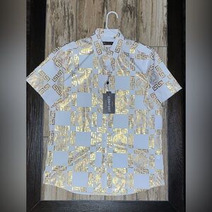 Suslo Couture Men’s Dress Shirt button down , Sz L colors white and gold NWT